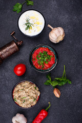 Baba ganoush, tzatziki and tomato ezme