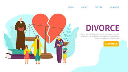 Divorce concept, landing banner vector illustration. Family relationship problem, divide children character between parents, template page.