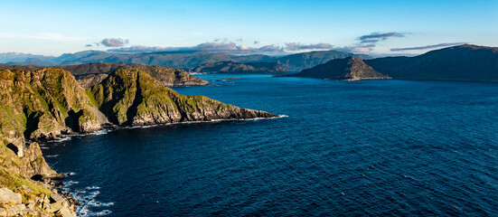 Sunset wide angle view from the island Runde in Norway