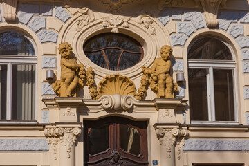 Baroque building facades in Prague, Czech Republic