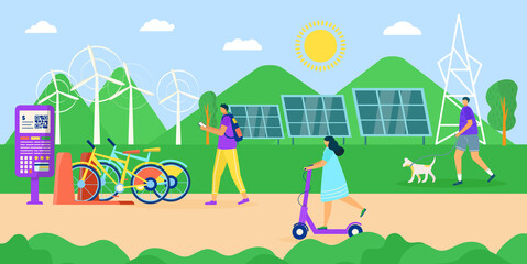 Eco energy at urban park concept, vector illustration. People man woman character use ecological energy outdoor, ride bicycle at modern street.