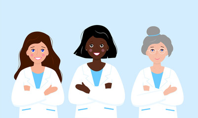 Three female doctors of different nationalities. Young and old European women and young African American. Flat vector illustration