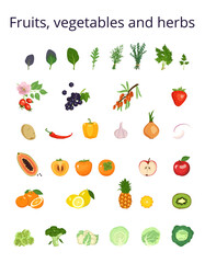 Set of icons vegetables, fruits and herbs for salad. Ingredients for vegetarian dishes. Healthy lifestyle. Source of vitamin C. Vector illustration