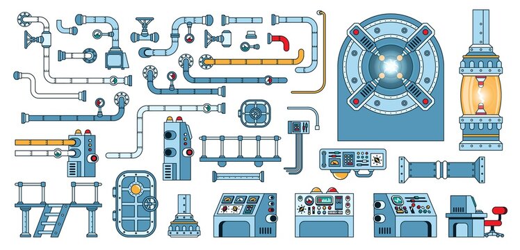 Parts of scientific laboratory equipment. Steampunk elements of laboratory machines and devices. Vector illustration set.