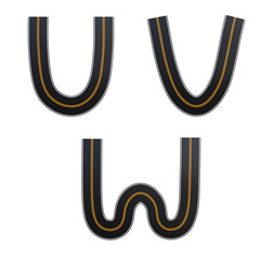 Asphalt road alphabet - letters U-W