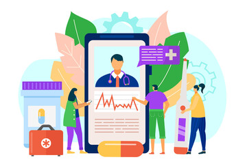 Online doctor for health medical support in clinic, vector illustration. Medicine consultation for man woman patient character, smartphone hospital