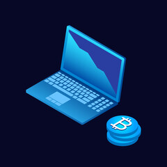 Cryptocurrency and blockchain isometric composition on crypto start up. Isometric vector illustration.