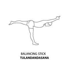 Man practicing yoga pose isolated outline Illustration. Man standing in Balancing Stick Pose or Tulandandasana, Yoga Asana line icon