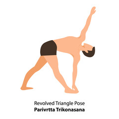 Man practicing yoga pose isolated Vector Illustration. Man standing in Revolved Triangle Pose or Parivrtta Trikonasana, Yoga Asana icon