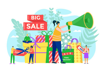 Obraz na płótnie Canvas Big sale concept, vector illustration. Man woman people character make promo about discount, lower price promotion in store. Customer make purchase
