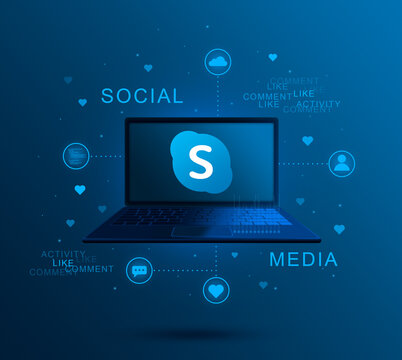 Social media icon Skype on laptop screen, social media activity 3d