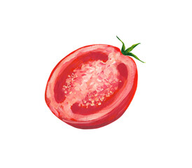 Red tomato clip art isolated on white background. Gouache hand drawn half tomato illustration.
