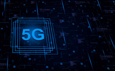 5g on technological background with code elements and lights lines 3d