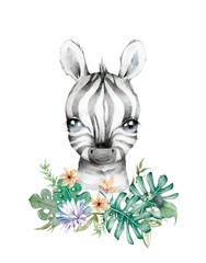 Cute zebra face with palm leaves frame. Hand drawn watercolor isolated illustration with zebra and flowers.