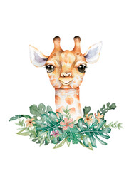 Adorable cute giraffe face with palm leaves frame. Hand drawn watercolor isolated cartoon illustration of cute giraffe face on white background.