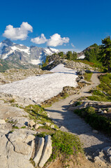 Snow patches at the trail in Mount Baker Visitor Center, WA, USA.
