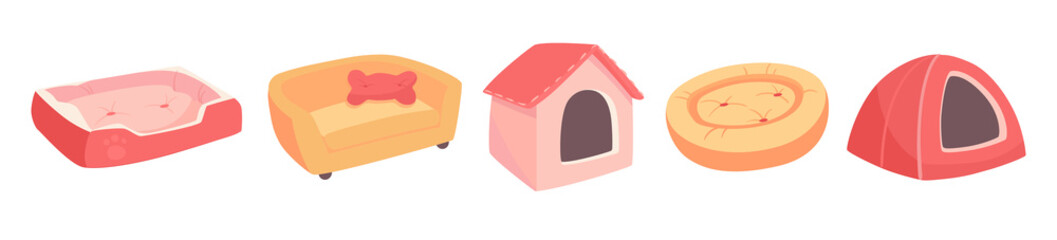 A set of beds for a pet, dog or cat. Flat vector illustration of goods for animals. Objects isolated on white background, cartoon style. Turquoise, yellow, red, pink colors