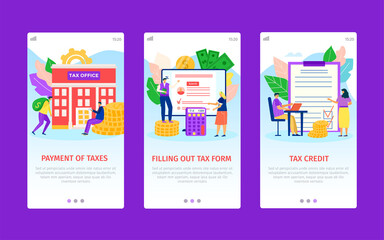 Fototapeta na wymiar Tax time payment, filling out form, credit for business, web page set vector illustration. People character use cartoon banking service.