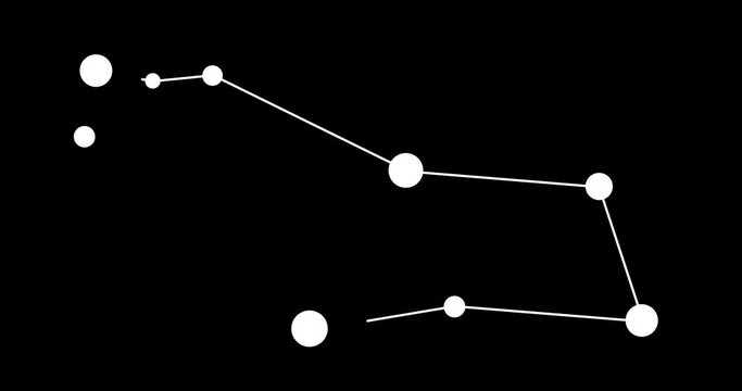Puppis constellation. Stars in the night sky. Constellation in line art style in black and white. Cluster of stars and galaxies. Horizontal composition, 4k video quality