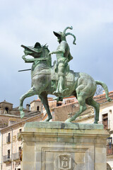 Fototapeta na wymiar April 2, 2021 in Trujillo, Spain. Statue of Francisco Pizarro on horseback in the main square of Trujillo
