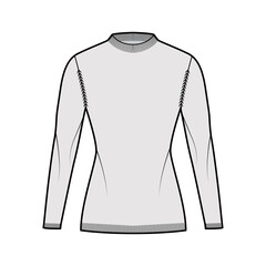 Fisherman Sweater technical fashion illustration with rib crewneck, long sleeves, fitted body, hip length, knit trim. Flat jumper apparel front, grey color style. Women men unisex CAD mockup