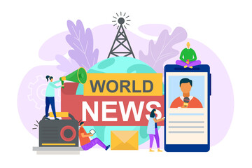 World news in social media concept, vector illustration. Flat information in newspaper, smartphone, radio and internet network. Man woman character