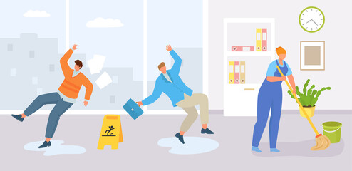 Wet floor in office, people fall down concept, vector illustration. Warning caution about slippery surface, woman character clean room.
