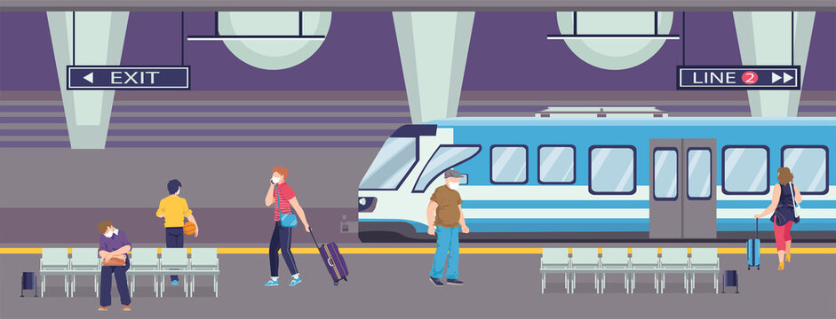 People in mask wait subway train, vector illustration. Transportation while coronavirus, passenger protection at metro station. Epidemic time