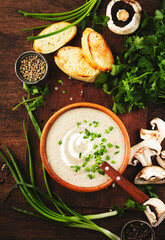Creamy Mushroom Soup with croutons, spices and chives on rustic wooden table background
