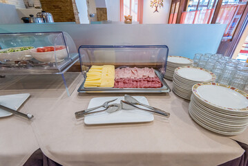 Catering service. Restaurant tables with food at breakfast.