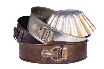 Old dirty baking trays. Accessories used in the kitchen for the preparation of desserts.