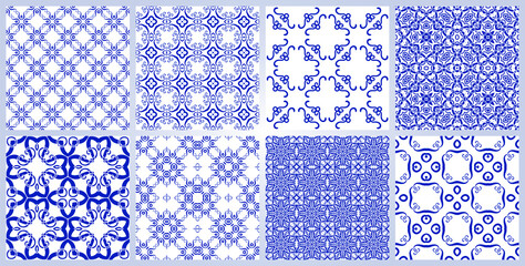 Abstract fantasy thin line hexagon, triangle geometric seamless pattern set. Creative mosaic, tile backgrounds.