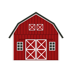 Cartoon doodle red wooden barn house, gray roof, windows and doors with crossed white boards. Vector Outline isolated hand drawn illustration on white background, front view. © essskina