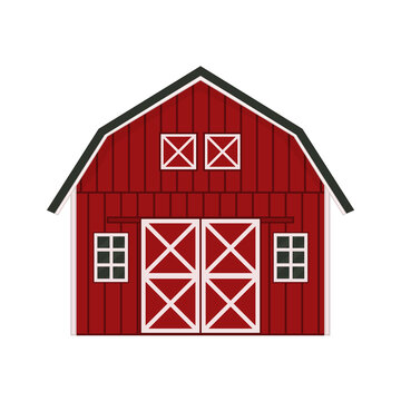 Cartoon doodle red wooden barn house, gray roof, windows and doors with crossed white boards. Vector Outline isolated hand drawn illustration on white background, front view.