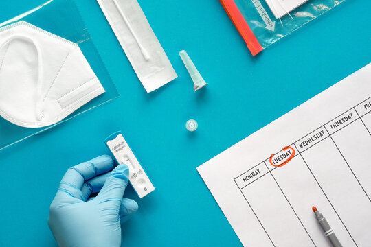 Express COVID-19 Test Schedule. Schnelltest Means Rapid Corona Test, And Selbsttest Means Self-test. Flat Lay With Hand In Glove Hold Antigen Covid Test. 2021 Calendar With Test Dates, Pp2 Mask.