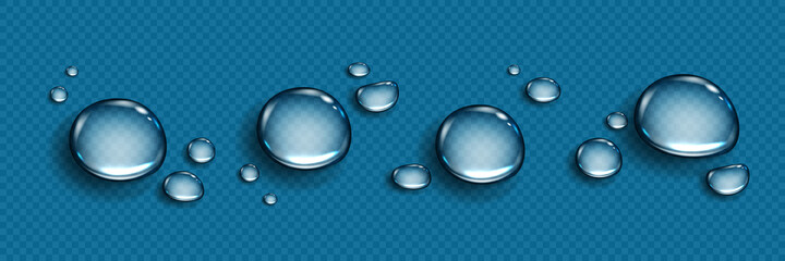 Water drops isolated on transparent background. Rain droplets at window glass. Realistic dew, condensation from shower steam or fog. Vector 3d illustration of wet surface with aqua drops