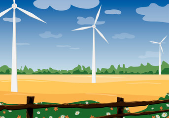 Fototapeta premium Wind turbine in a wheat field. Landscape flowers and blue sky in the countryside.