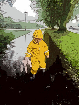 Boy In Yellow Rain Coat With Bunny