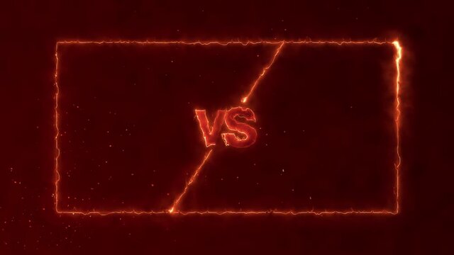 fire neon versus frame and text, challenge and duel gaming concept animation, fire burning text on a dark background, glowing particles and flames