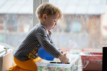 Little Caucasian boy 2 years old watering seedlings from a spray