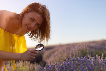 Beautiful and pretty young woman in yellow dress relaxes and enjoys walk in the lavender field at...