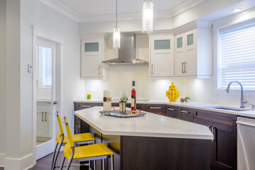 Modern, bright, clean, kitchen interior with stainless steel appliances in a luxury house