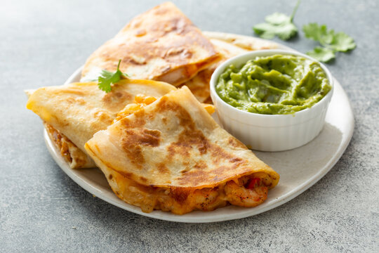 Shrimp And Cheese Quesadillas Served With Guacamole