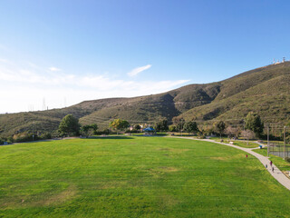 Fototapeta na wymiar Aerial view of community park on the top off a hill, Carmel Valley. San Diego, California, USA.