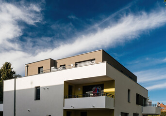 New apartment building with clear blue sky in French city of Strasbourg