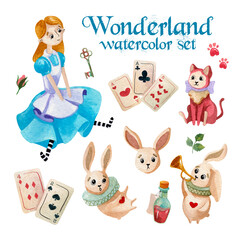Wonderland watercolor set with girl in blue dress, magic rabbit, roses, cards and magic stuff