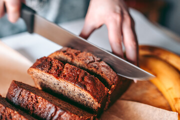 Freshly baked banana bread in the kitchen