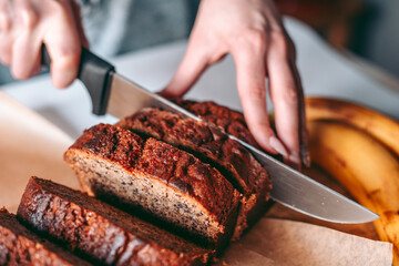 Freshly baked banana bread in the kitchen
