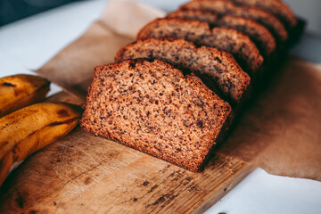 Freshly baked banana bread in the kitchen