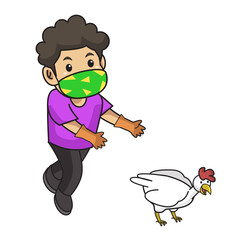kid try catch chicken,active in farm using mask.character illustration.
